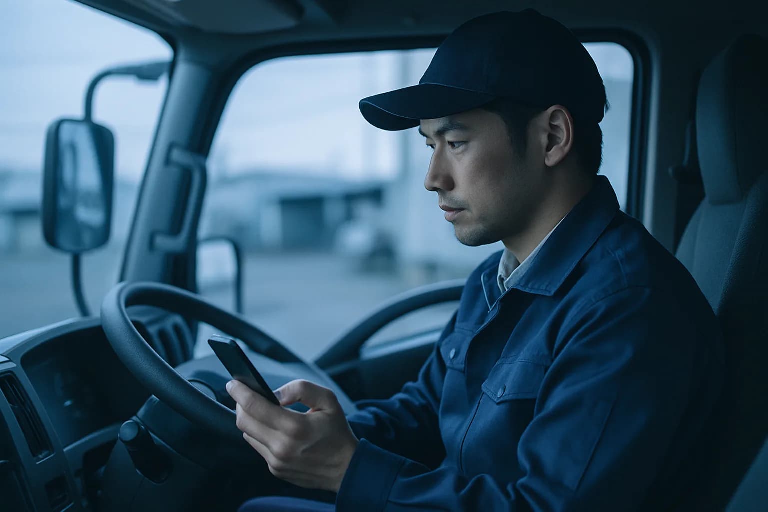 トラックの運転席でスマートフォンから空き状況を確認するドライバー