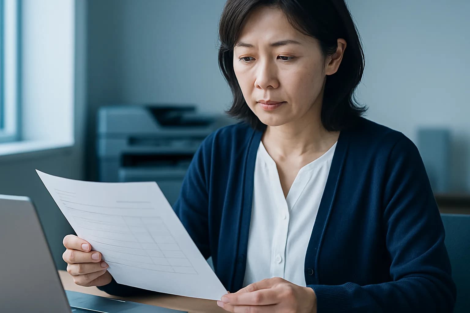 印刷した請求書を確認する事務担当者
